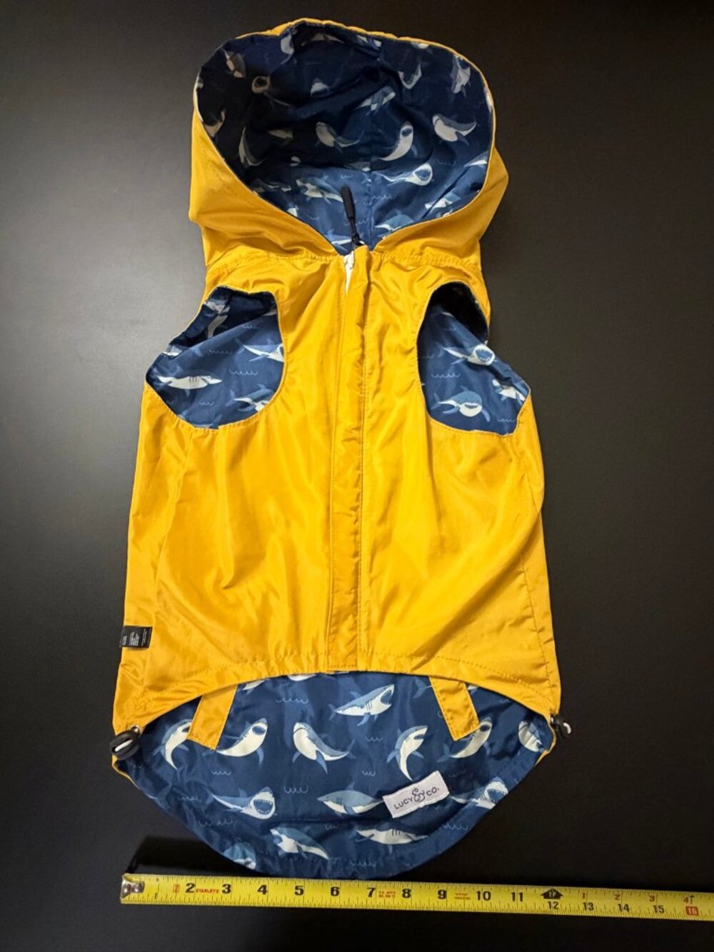 Lucy & Co. Shark Attack Reversible Dog Raincoat Size L Yellow Navy